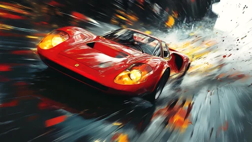 Red racing supercar slices through rain and firestorm.