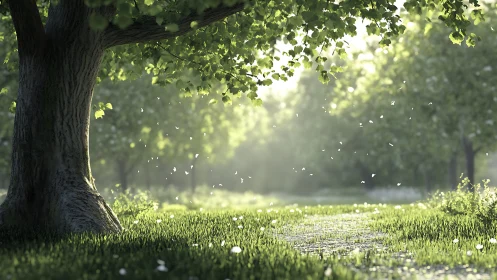 Sunlit forest path with drifting petals and soft bokeh light.