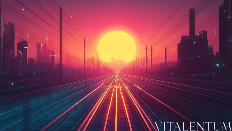 Neon railway lines toward large sun over city skyline.