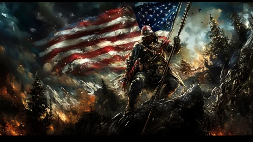 Battle-worn soldier plants US flag in a blazing war-torn valley