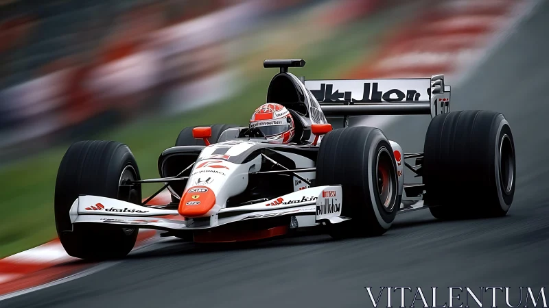 Formula race car attacks corner with dynamic motion blur.