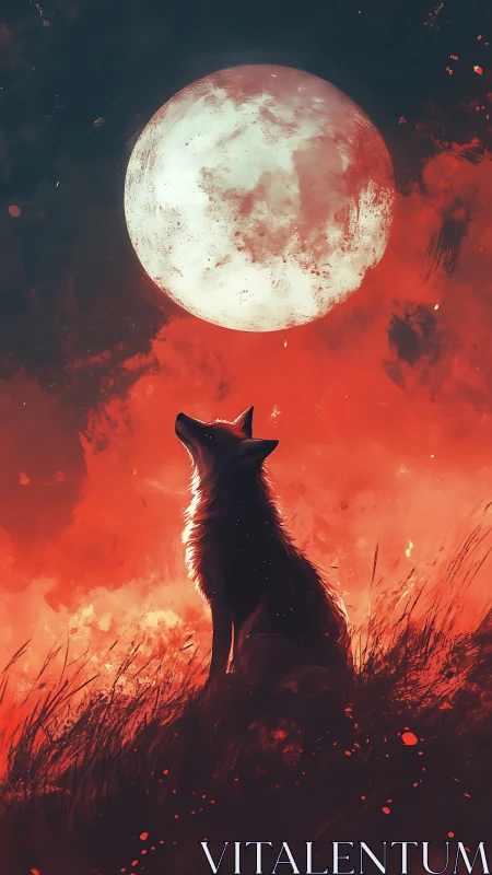 Silhouetted canid sits below full moon within red sky