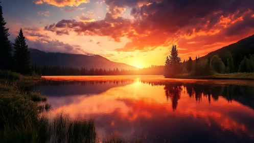 Sunset over forested lake with mountain silhouettes reflected.