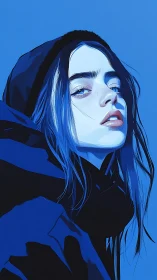 Stylized blue portrait of hooded person in side view.