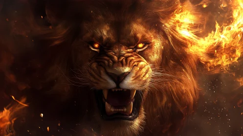 Lion head engulfed in flames with intense frontal view focus.