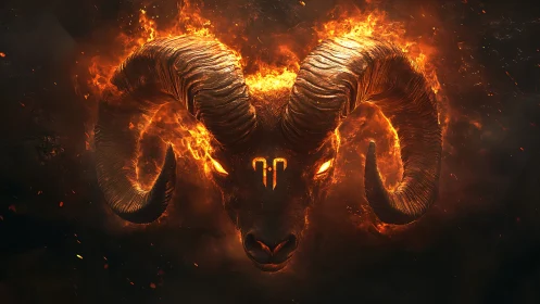 Infernal ram sigil blazing through molten zodiac night.