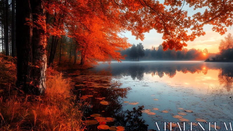 Autumn forest shoreline with reflective lake at sunrise.