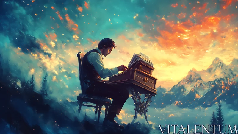 Mountain dawn cradles a lone pianist in quiet wonder