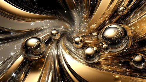 Metallic vortex with reflective golden spheres in motion.