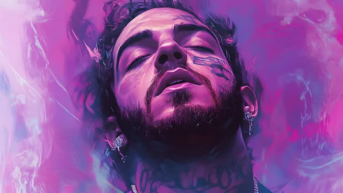 Neon portrait captures euphoric bearded man in violet haze.