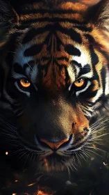 Tiger face fills frame with intense front-facing gaze