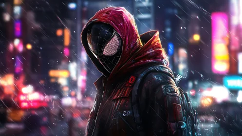 Hooded neon webslinger broods in rain-slicked city glow.