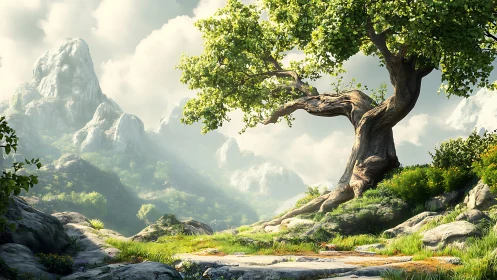 Curved tree stands before distant rocky mountains and clouds