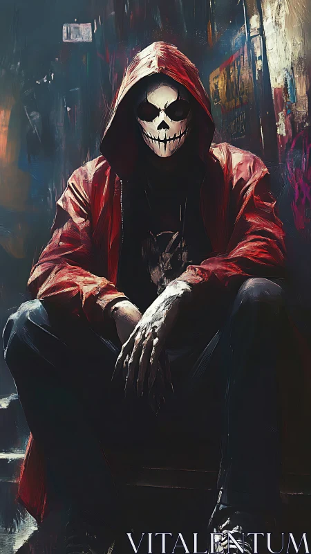 Hooded skull-masked figure waits in moody neon alleyway.