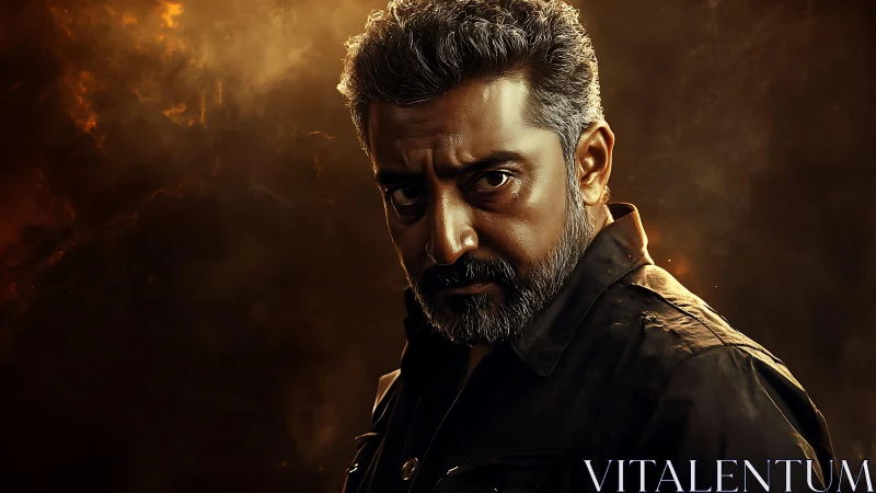 Storm-lit stare of a rugged man in smoldering amber haze.