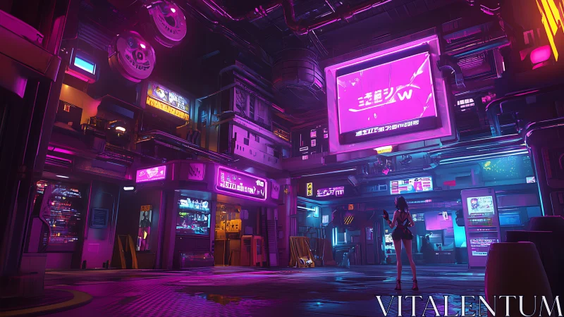 Neon-soaked cyberpunk alleyway glows with holographic ads.