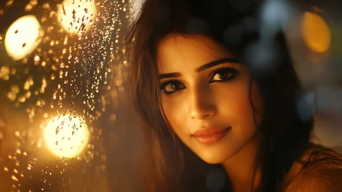 Portrait of woman near rainlit window in warm bokeh glow