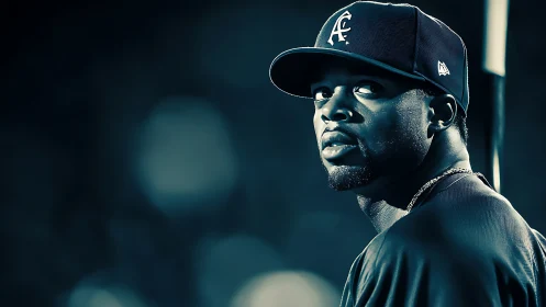 Focused baseball player in cap under cool stadium lights.