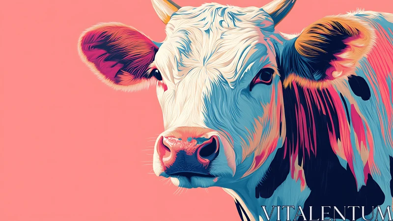 Colorful cow portrait on soft pink with playful modern flair.