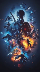 Explosive sci fi hero stands amid blazing futuristic battle