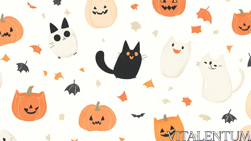 Playful Halloween Pattern With Pumpkins Cats and Ghosts