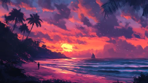 Solitary figure observes vivid tropical sunset seascape