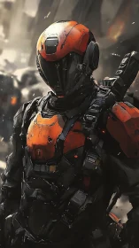 Armored sci fi operative advances through war torn urban ruins