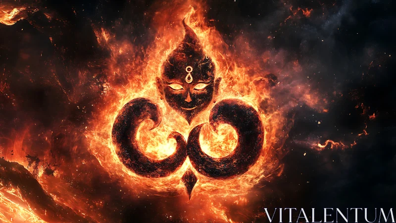 Flaming cosmic deity emblem with swirling infernal energy