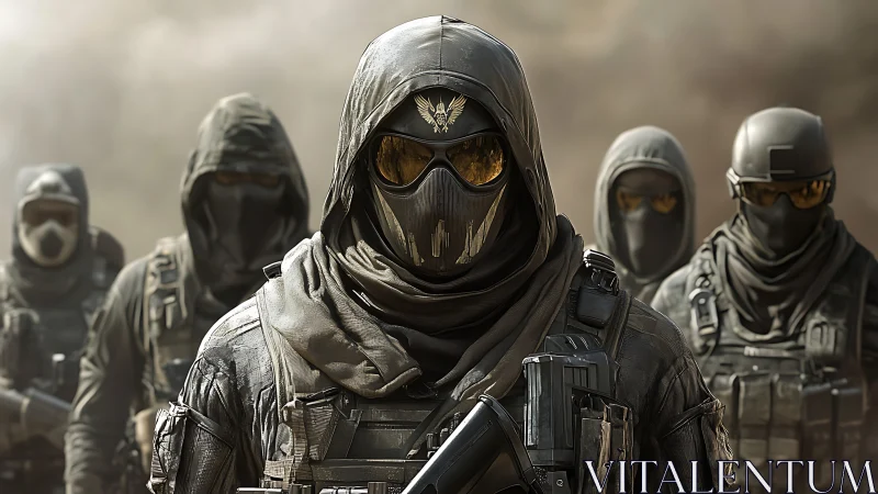 Masked tactical squad in desert combat gear formation.