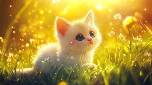 White Kitten in Golden Meadow of Light.