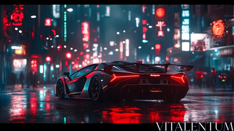 Cyberpunk supercar nocturne with neon-lit wet street reflections.