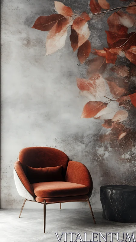 Rust-toned lounge chair against textured leaf mural in soft side light