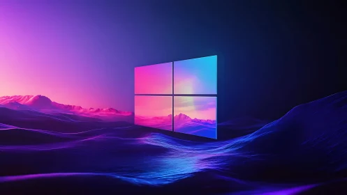 Windows logo floats above stylized neon landscape surface