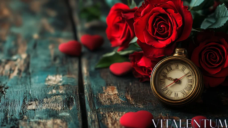 Photorealistic still life of roses, hearts and vintage pocket watch.