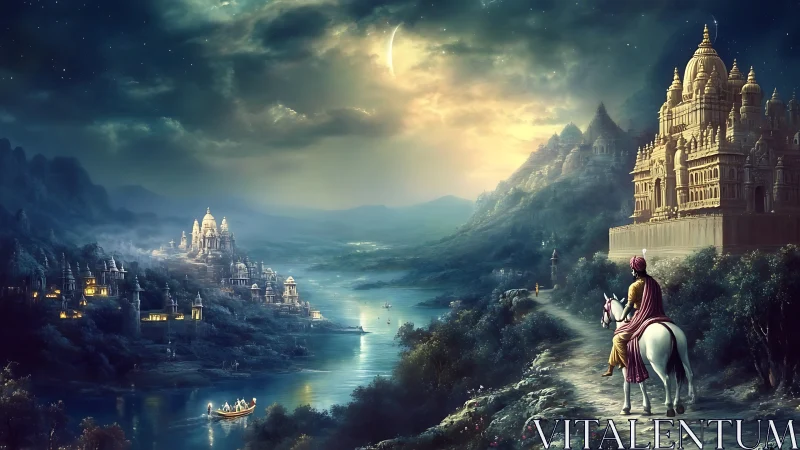 Moonlit rider approaches twin river citadels in luminous haze