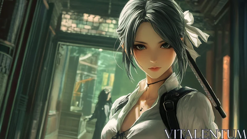 Steel-eyed alley swordswoman in sunlit urban hush.