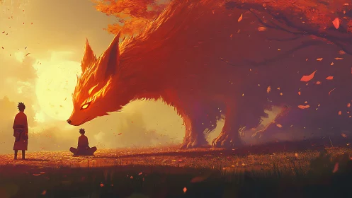 Giant fox spirit meets two figures in glowing sunset field.
