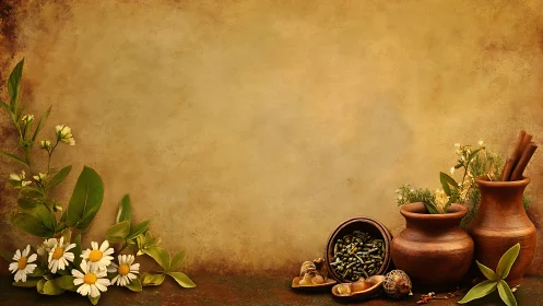Herbal foliage and clay vessels on textured brown background.