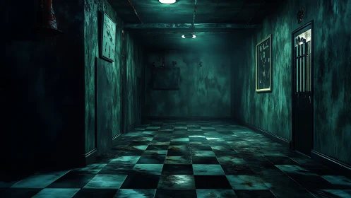 Decayed teal corridor with wet checkerboard tiles and lights