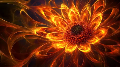 Fiery fractal flower blooms with luminous swirling petals.
