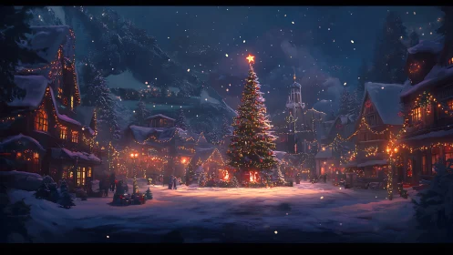 Snowy village plaza illuminated by grand Christmas tree.