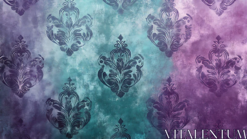 Iridescent damask motif on textured teal violet gradient field