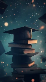 Graduation caps and story-filled books in dreamy twilight.