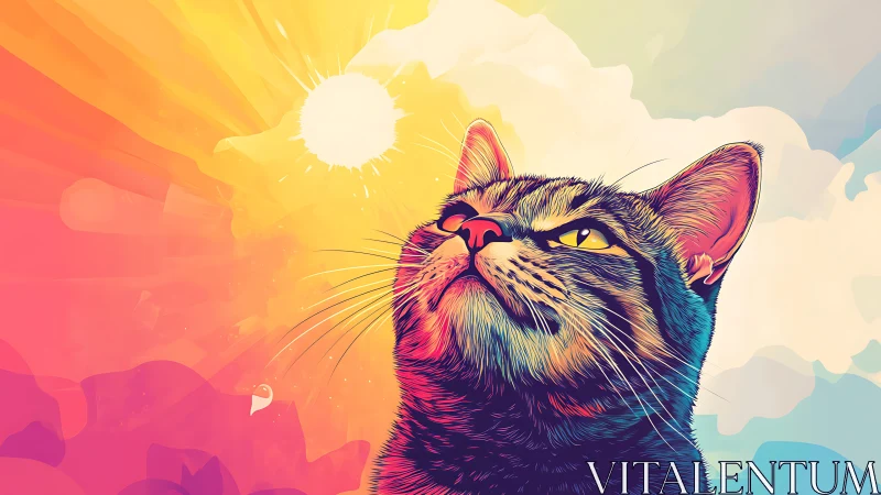 Radiant Feline Gazing at Colorful Skies.
