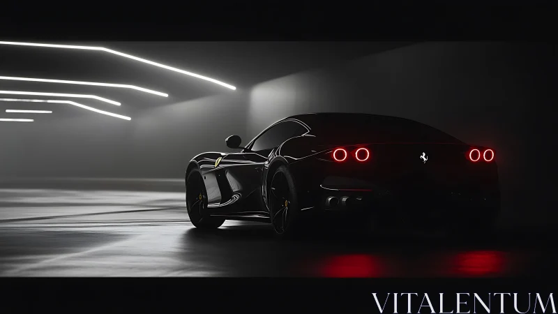 Midnight supercar prowls beneath neon runway lines.