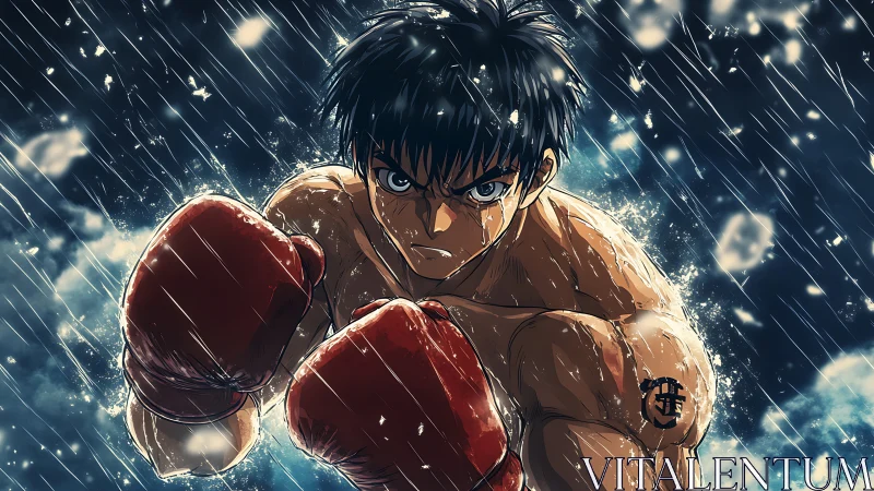 Anime boxer in fighting stance with red gloves under rainfall