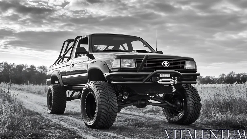 Lifted off-road pickup truck dominates rural dirt track.