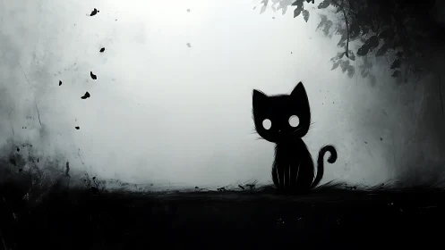 Silhouette cat with glowing eyes sits in misty forest edge