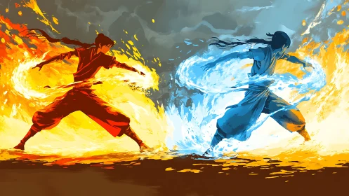 Elemental Clash: Fire and Water Benders in Dynamic Combat.