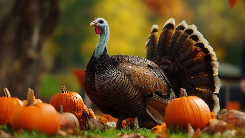 Galliform display turkey amid autumnal cucurbit composition.